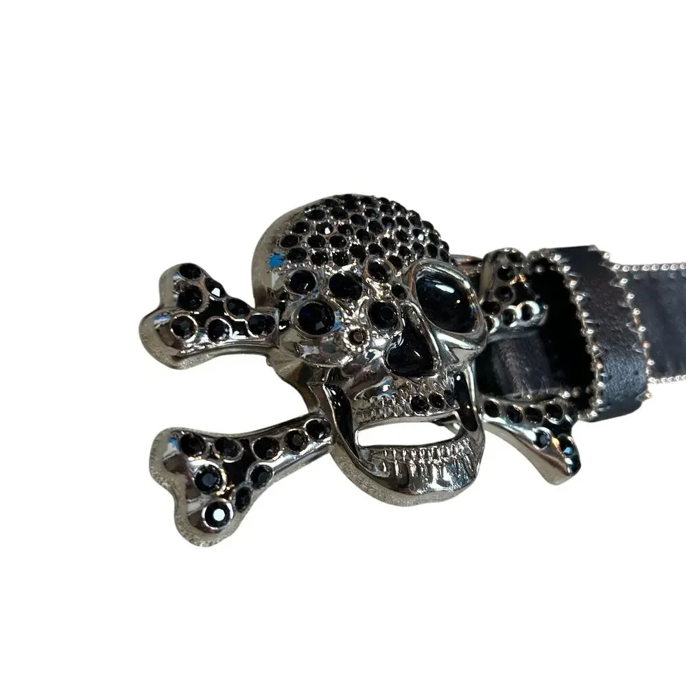 Pirate Belt Silver Rhinestone Skull Black Leather Glam Rock Goth Y2K Punk Grunge